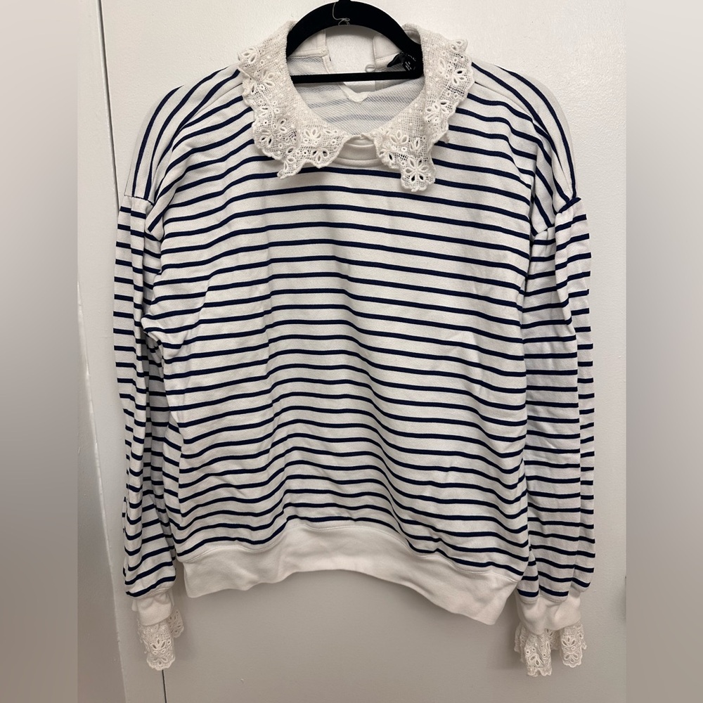 J. CREW STRIPED SWEATSHIRT WITH LACE COLLAR